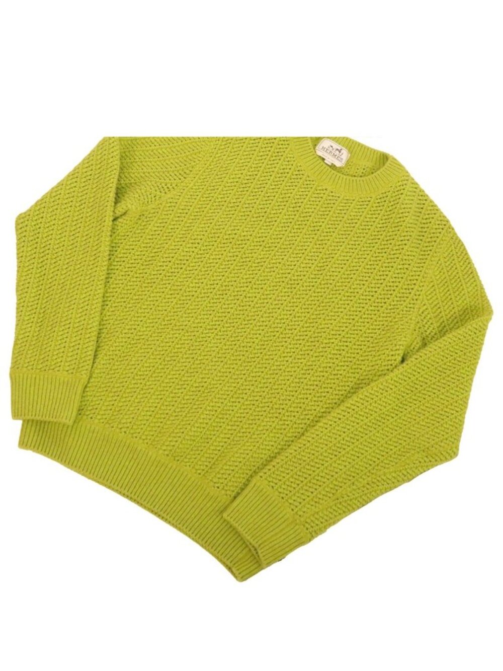 Hermes Knit Lime Green Cashmere Cotton Crew Neck Pullover Sweater Top M